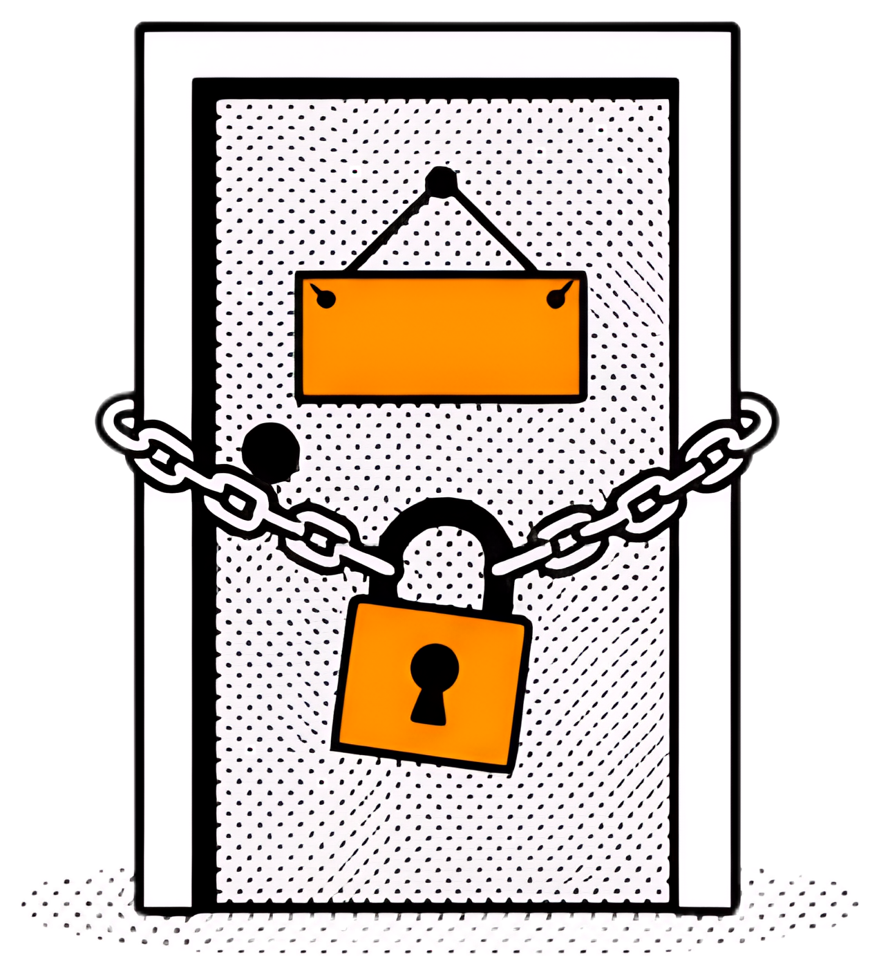 A closed door featuring a hanging padlock and a prominent 'no entry' sign in orange. The door is outlined in black, set against a white background with dotted details, creating a stark contrast.
