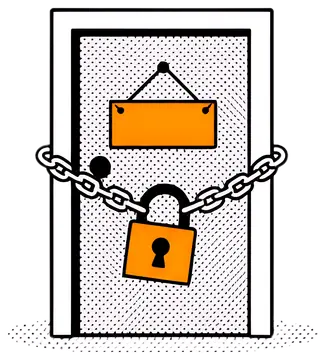 A closed door featuring a hanging padlock and a prominent 'no entry' sign in orange. The door is outlined in black, set against a white background with dotted details, creating a stark contrast.