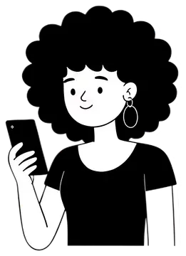 A smiling character with curly hair is holding a smartphone in one hand, standing against a transparent background. The illustration features a clean white outline and minimalistic design, capturing a