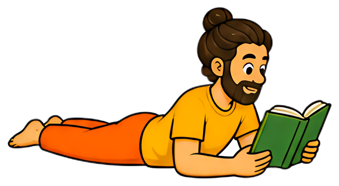 A person lies on the floor in a cobra pose, reading a book in front of them. They have a relaxed expression, with a beard and long hair tied back, dressed in a bright orange pair of pants and a yellow