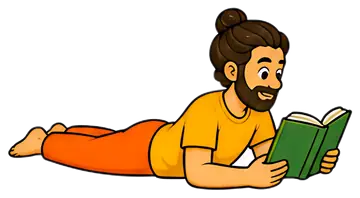 A person lies on the floor in a cobra pose, reading a book in front of them. They have a relaxed expression, with a beard and long hair tied back, dressed in a bright orange pair of pants and a yellow