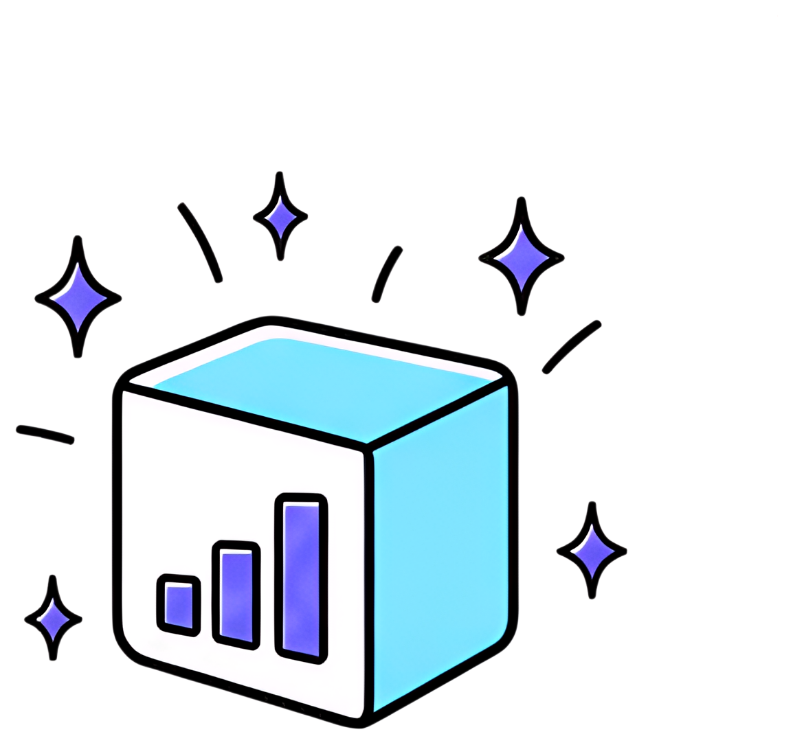 A stylized cube features a growing chart on its side, with shimmering sparks symbolizing optimization radiating from it. The palette includes soft blue and purple tones, creating a dynamic feel.
