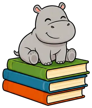 A cheerful little hippopotamus sits atop a colorful stack of three books, with vibrant green, blue, and orange coverings. The hippo has a big smile and rosy cheeks, creating an adorable and inviting, 