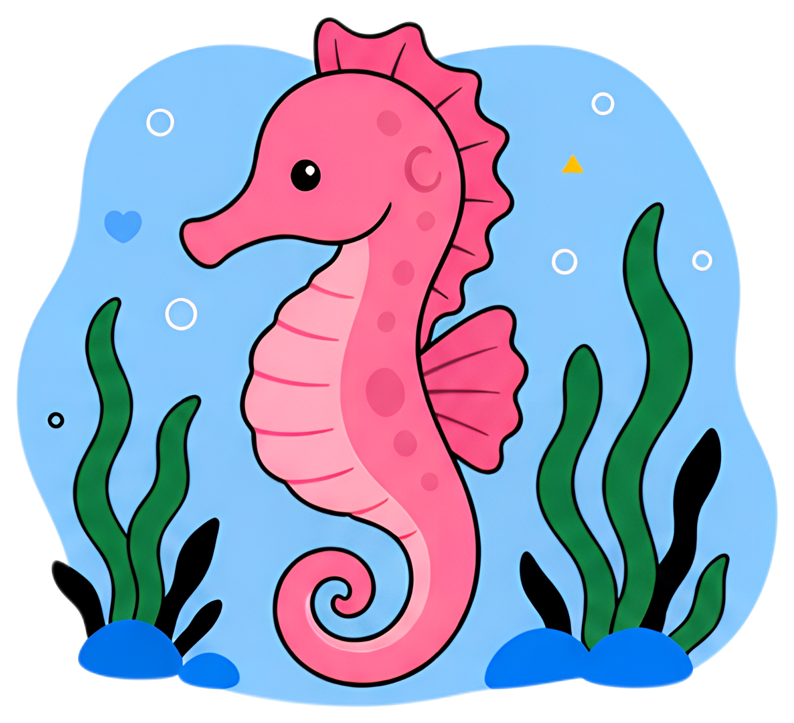 A cheerful pink seahorse with a curled tail floats among vibrant green seaweed and bubbles in a blue underwater scene. The playful design features soft lines and a cartoonish style, making it visually