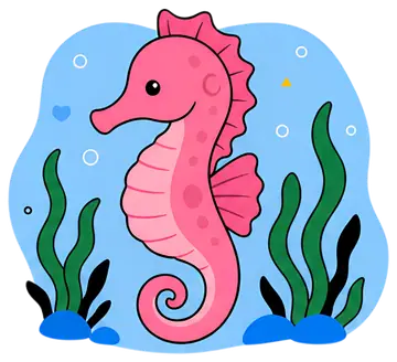 A cheerful pink seahorse with a curled tail floats among vibrant green seaweed and bubbles in a blue underwater scene. The playful design features soft lines and a cartoonish style, making it visually