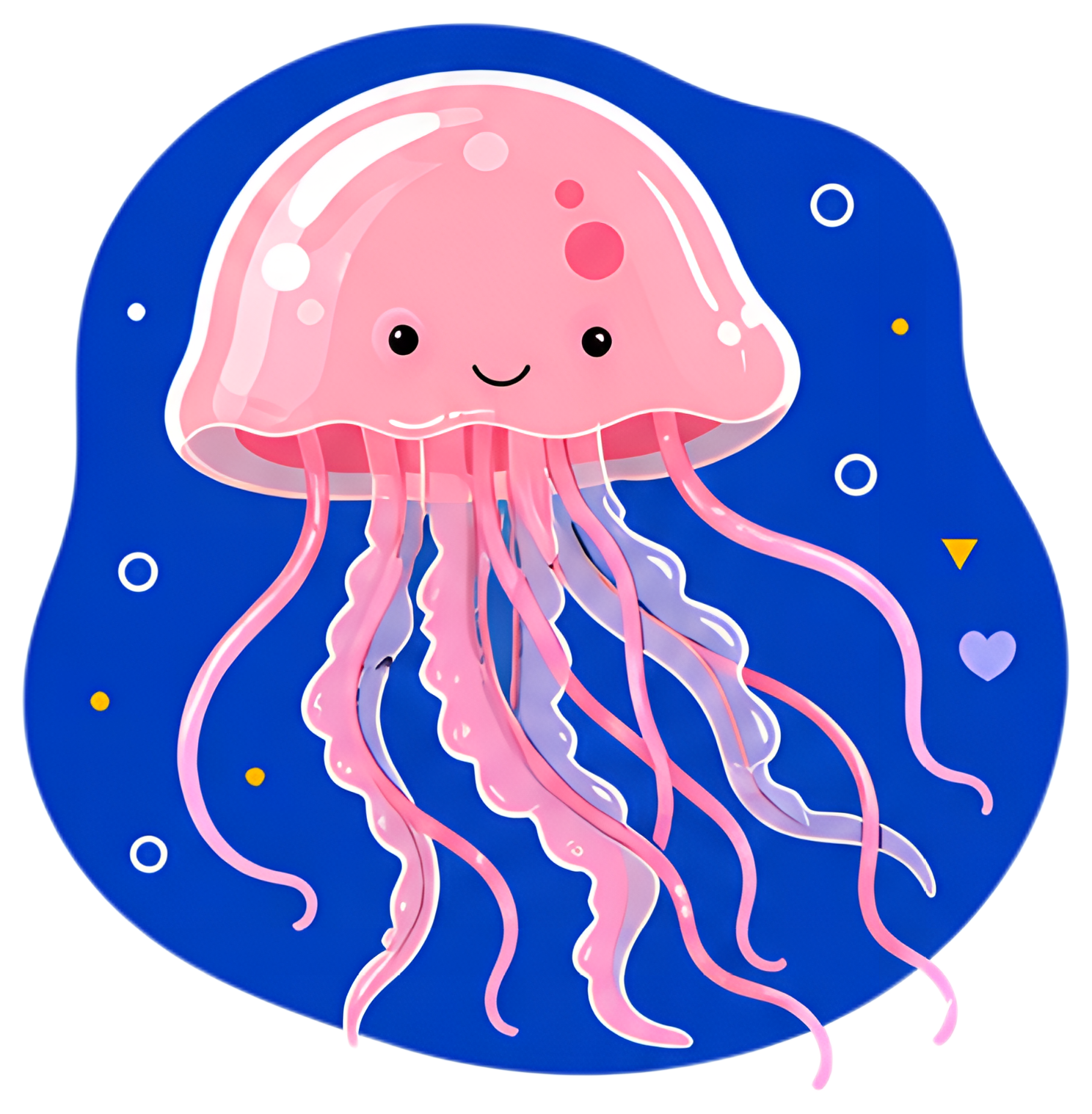 A cheerful pink jellyfish with long, flowing tentacles floats against a deep blue background. The jellyfish has a happy expression, surrounded by small geometric shapes and bubbles, adding to its whim