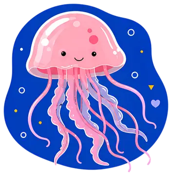A cheerful pink jellyfish with long, flowing tentacles floats against a deep blue background. The jellyfish has a happy expression, surrounded by small geometric shapes and bubbles, adding to its whim