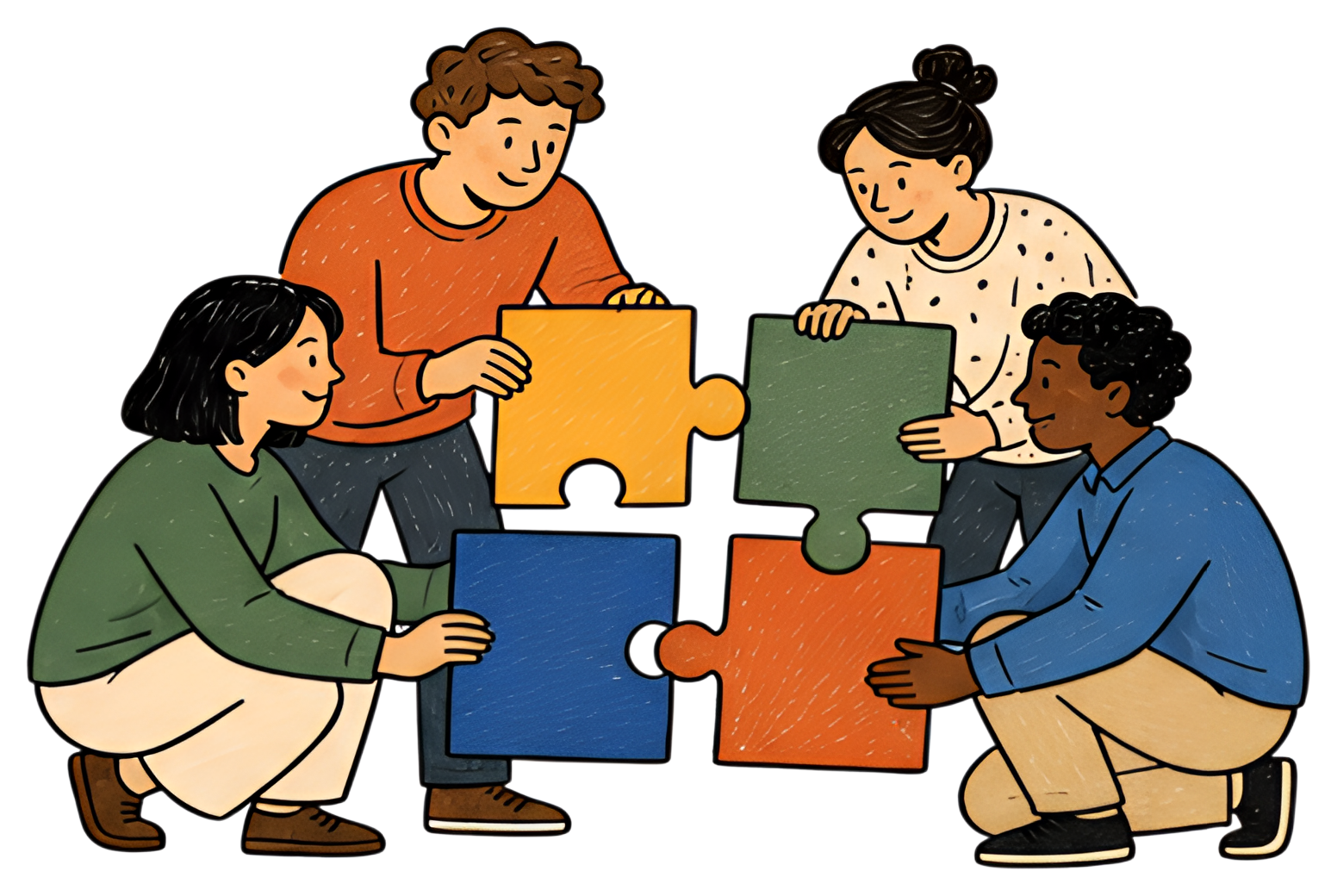 Four diverse individuals are crouched together, collaborating to fit colorful puzzle pieces into place. The scene features a warm, inviting color palette with shades of yellow, green, blue, and red,体现