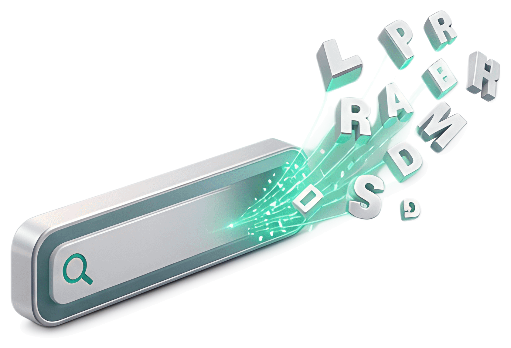 A sleek search bar emits white 3D letters that glow with a neon teal light, creating a dynamic visual of text in motion. The letters appear to be bursting forth from the input field, enhancing the act