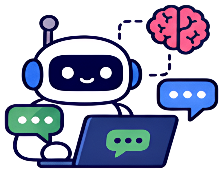 A cheerful chatbot character is sitting in front of a laptop, with a pink brain icon above its head and colorful message bubbles, including green and blue, around it. The illustration is vibrant and a