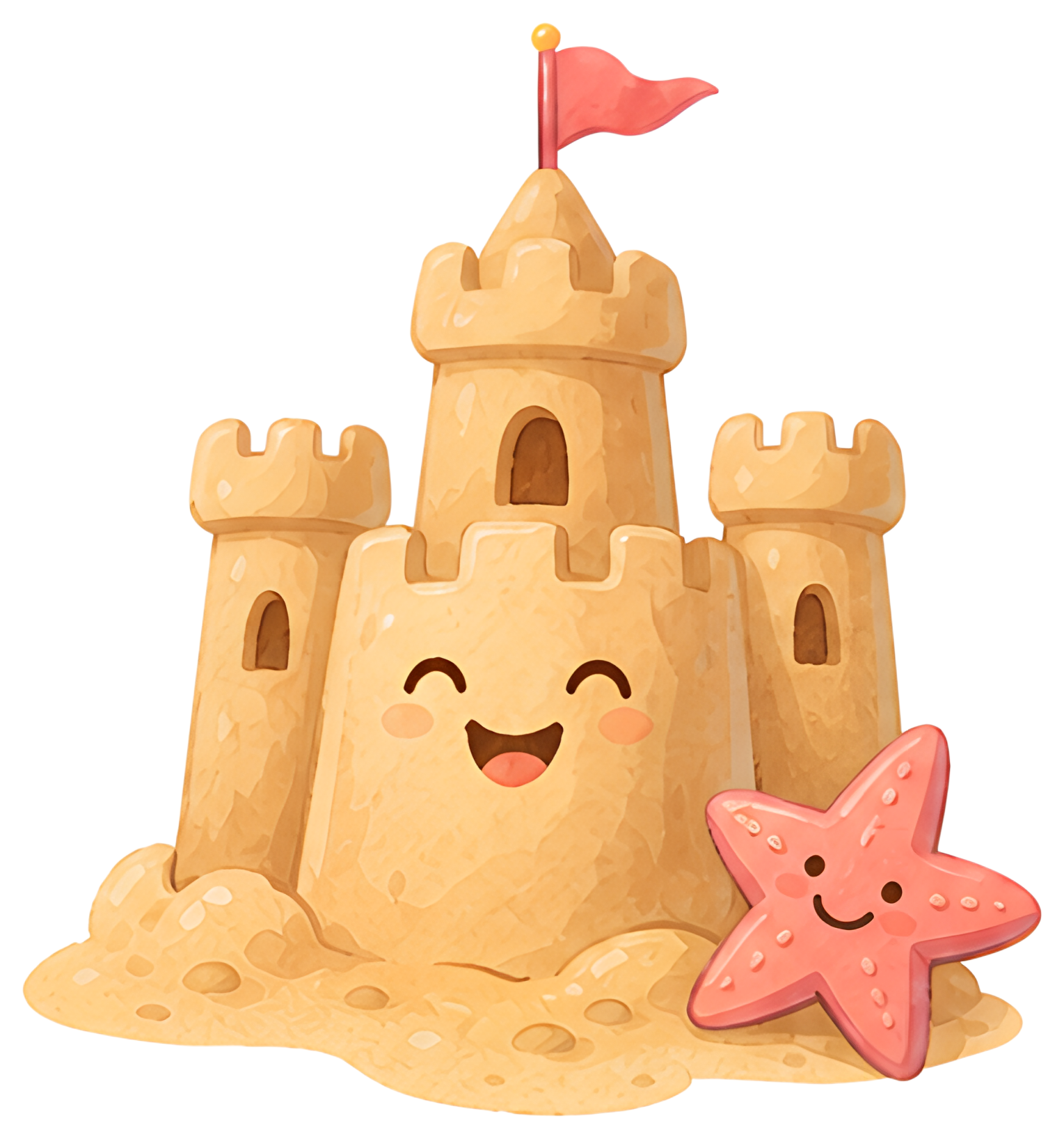 A cheerful sandcastle with a smiling face features a tiny red flag on top, accompanied by a pink starfish nearby. The scene is bright and playful, showcasing soft, sandy tones and a vibrant color mix.