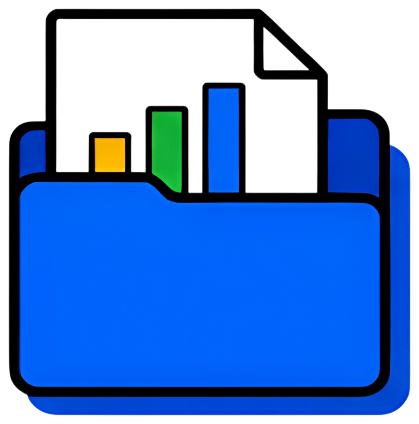 A blue folder containing a document and colorful bar charts in yellow, green, and blue, symbolizing data organization and analysis. The design features a modern, flat style against a transparent or un