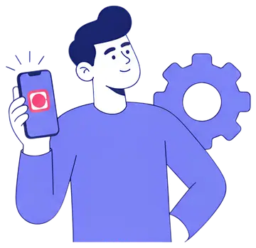 Cheerful character with smartphone and gear