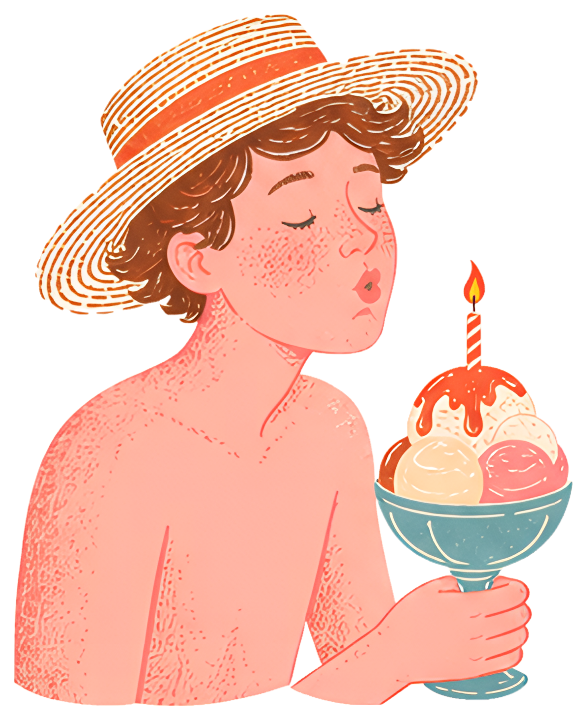 A young boy with curly hair, wearing a striped straw hat, blows out a candle placed on a scoop of colorful ice cream in a blue glass bowl. His expression is focused, and he has a light blush on his t肌