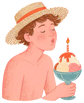 Boy in Straw Hat Blowing Out Candle on Ice Cream