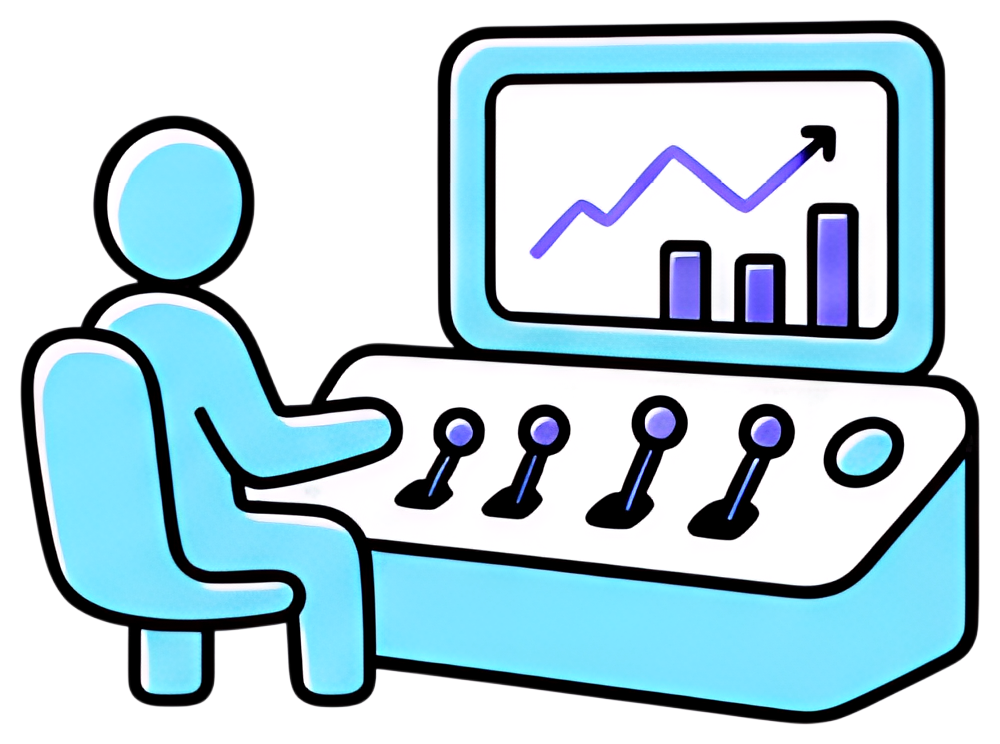 A simplified illustration of a person sitting at a control panel with levers and a monitor displaying a growing graph. The figure is depicted in a light blue color against a white control panel, with