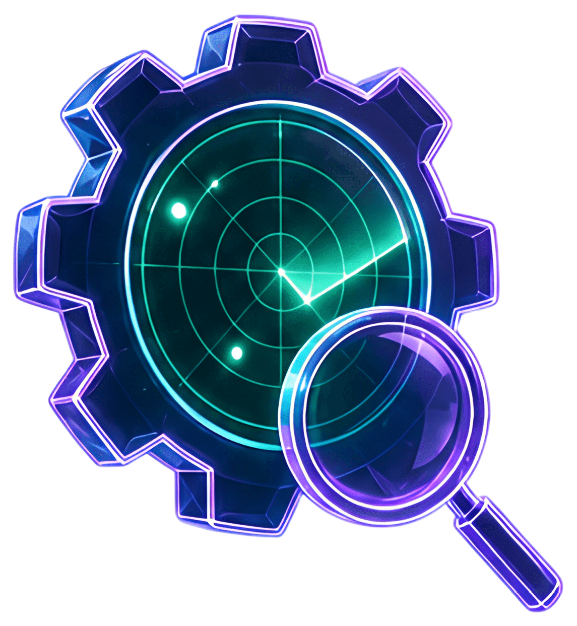 A stylized gear featuring a radar grid design and a magnifying glass overlay. The gear glows with vibrant neon green and purple accents against a dark background, emphasizing its high-tech look.