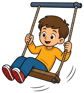 A cheerful child swings back and forth on a wooden swing, holding onto the ropes with both hands. He's wearing a bright yellow shirt and blue pants, with red shoes, as he enjoys the motion of swinging