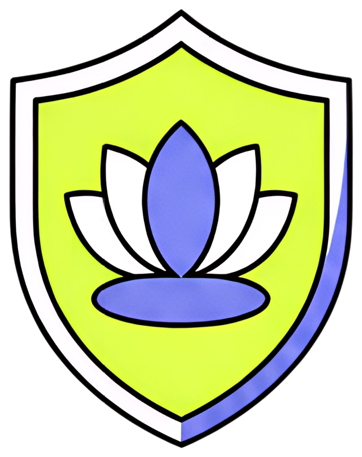 A vibrant green shield features a serene lotus flower at its center. The lotus is elegantly designed in shades of blue and white, symbolizing protection and balance with a modern aesthetic.