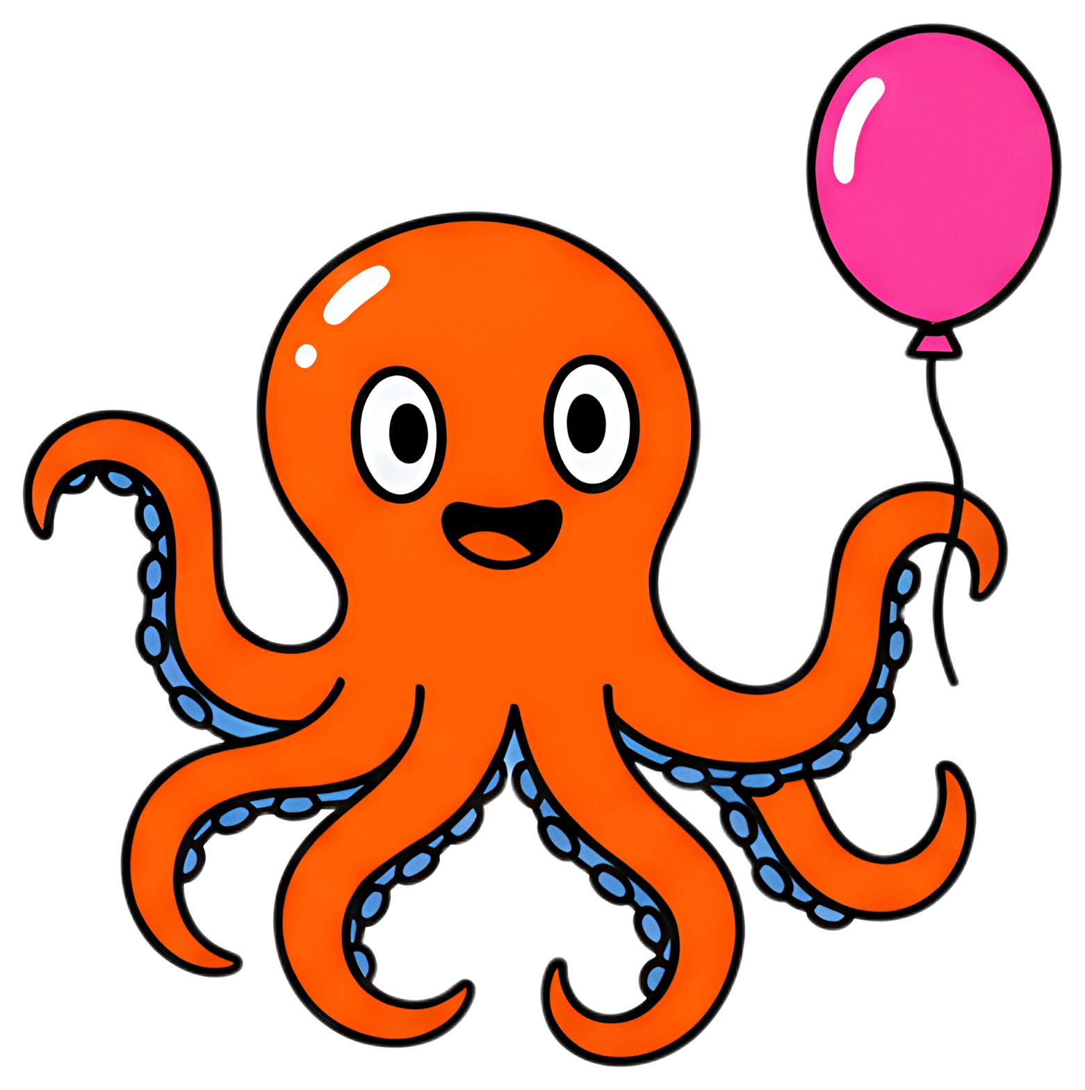 A cheerful orange octopus with big eyes is holding a pink balloon. Its tentacles are animated and playful, showcasing blue suckers, creating a vibrant and adorable scene.