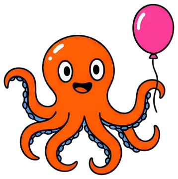A cheerful orange octopus with big eyes is holding a pink balloon. Its tentacles are animated and playful, showcasing blue suckers, creating a vibrant and adorable scene.