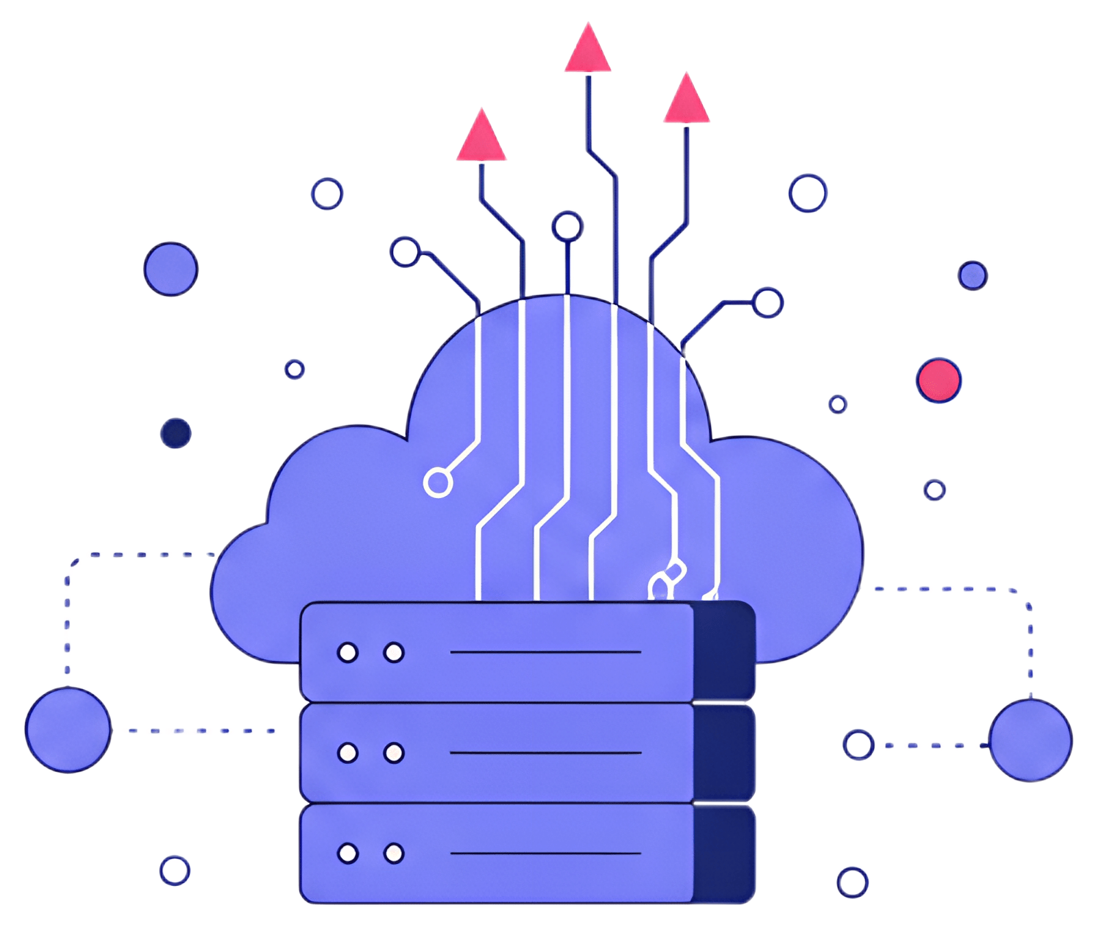 A flat illustration featuring a stylized cloud server at the center, with data streams flowing upward represented by circuit-like lines. Abstract network nodes and circles surround the cloud, rendered