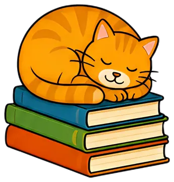 A plump orange cat curls peacefully on a stack of colorful books, featuring a mix of blue, green, and yellow. The cat appears relaxed with closed eyes and a gentle smile, embodying a cozy reading nook