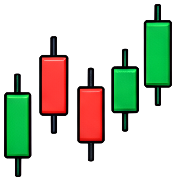 A set of trading candlestick chart candles in varying heights, featuring red and green colors. The red candles represent price decline while the green candles signify price increase, all outlined in a