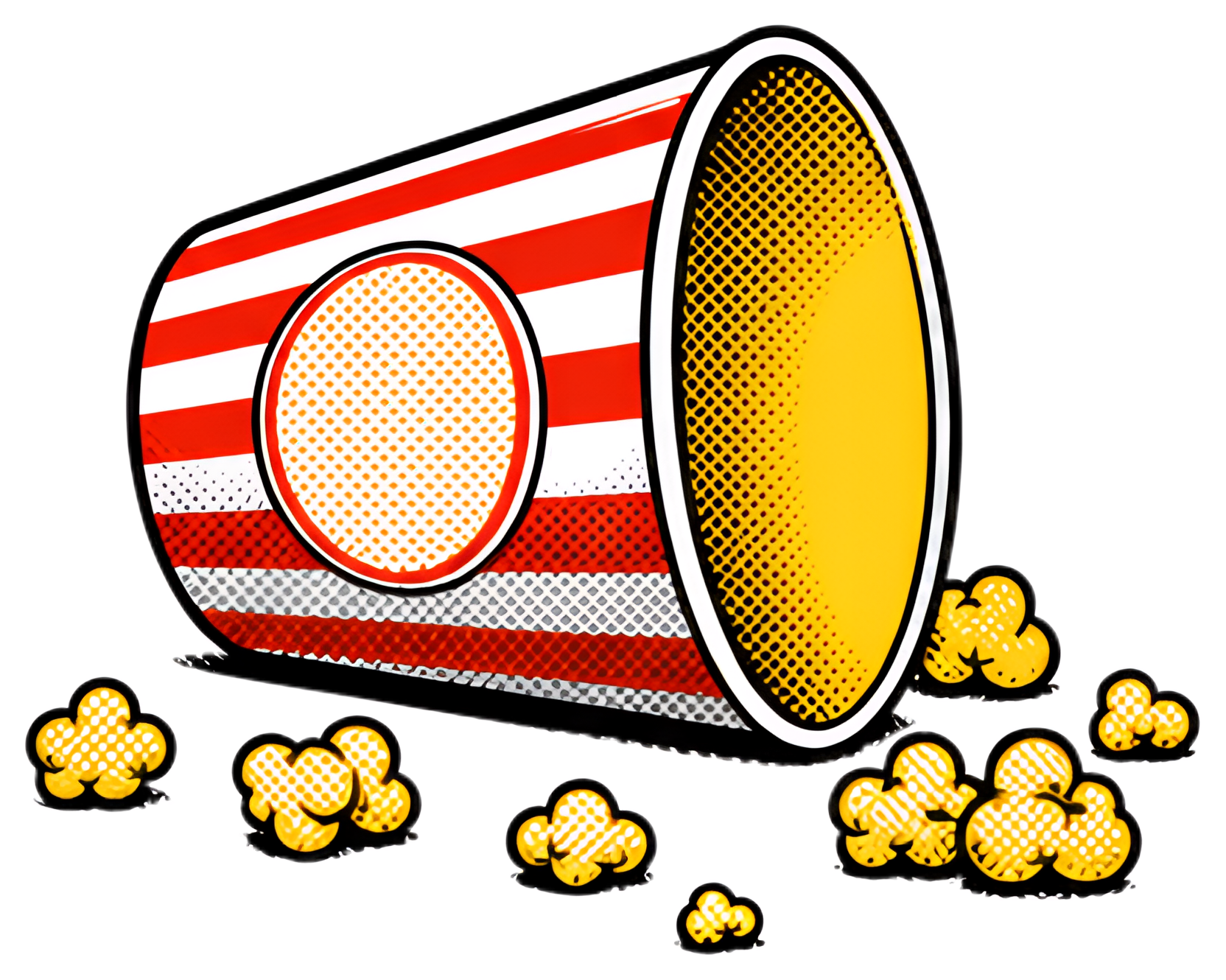 An overturned striped popcorn bucket sits on a black background, revealing a bright yellow interior. Scattered around it are several yellow popcorn kernels, adding a playful touch to the scene with a 