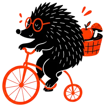 A cute hedgehog with glasses pedals a bicycle, carrying an apple and a mushroom in a basket on its back. The illustration features bold black and orange colors against a simple black background, evinc