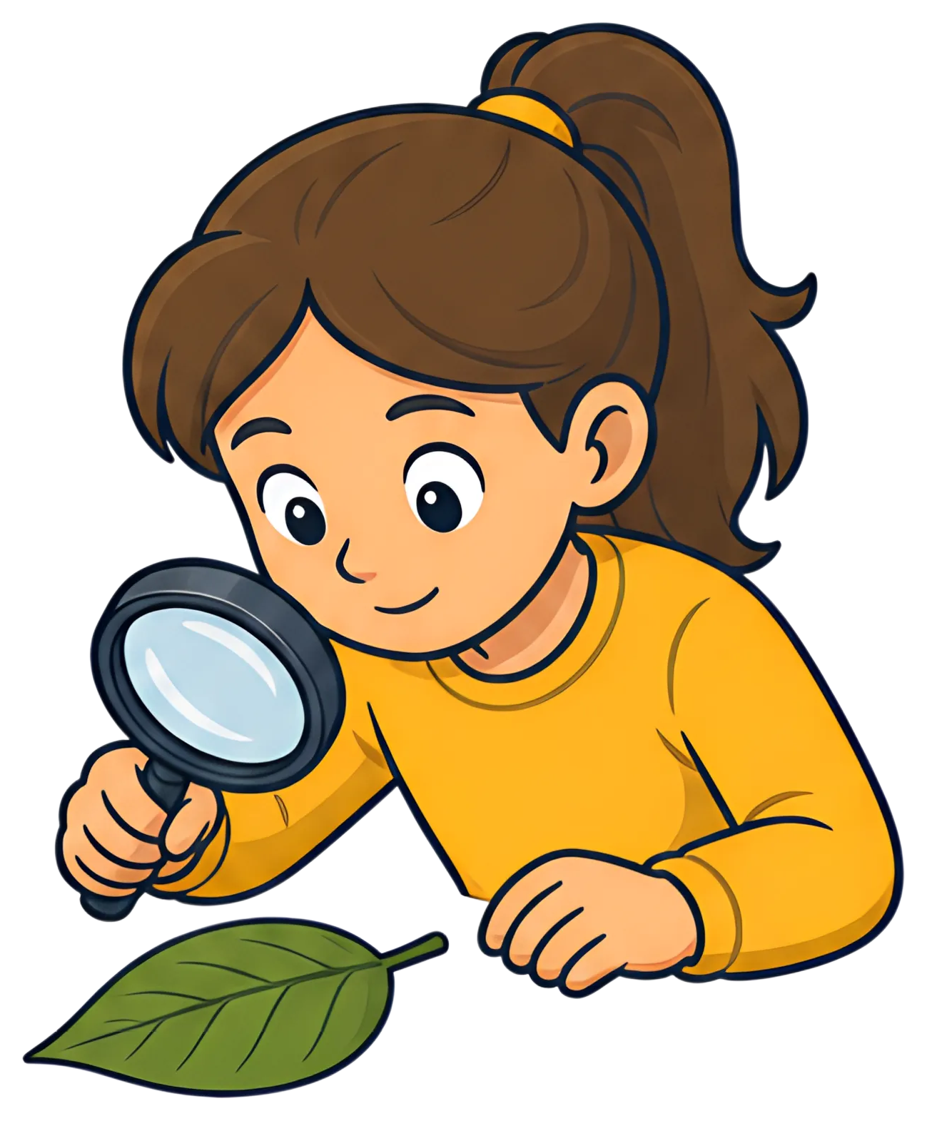 A child with brown hair is intently examining a green leaf using a magnifying glass. She wears a bright yellow sweater and is focused on the intricate details of the leaf, portrayed with a friendly, a