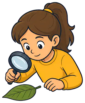 A child with brown hair is intently examining a green leaf using a magnifying glass. She wears a bright yellow sweater and is focused on the intricate details of the leaf, portrayed with a friendly, a