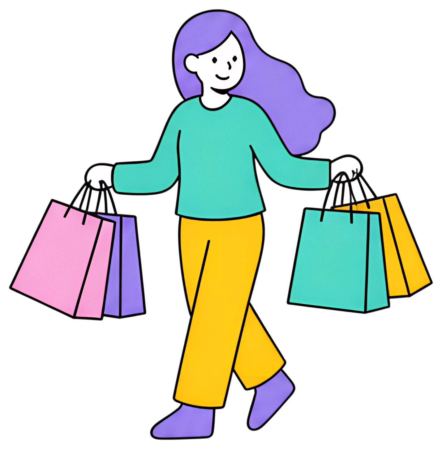 A cheerful shopper is carrying multiple colorful shopping bags in each hand, showcasing a happy expression. She wears a turquoise top and yellow pants, with long purple hair flowing behind her, giving