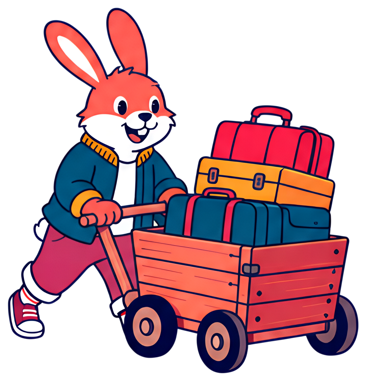 A joyful rabbit with big ears is pushing a wooden cart filled with brightly colored luggage. The vibrant suitcases in shades of red, yellow, and teal rest atop the cart, contrasting with the warm wood