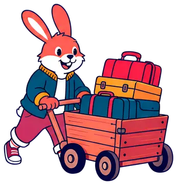 Cheerful rabbit with colorful luggage cart