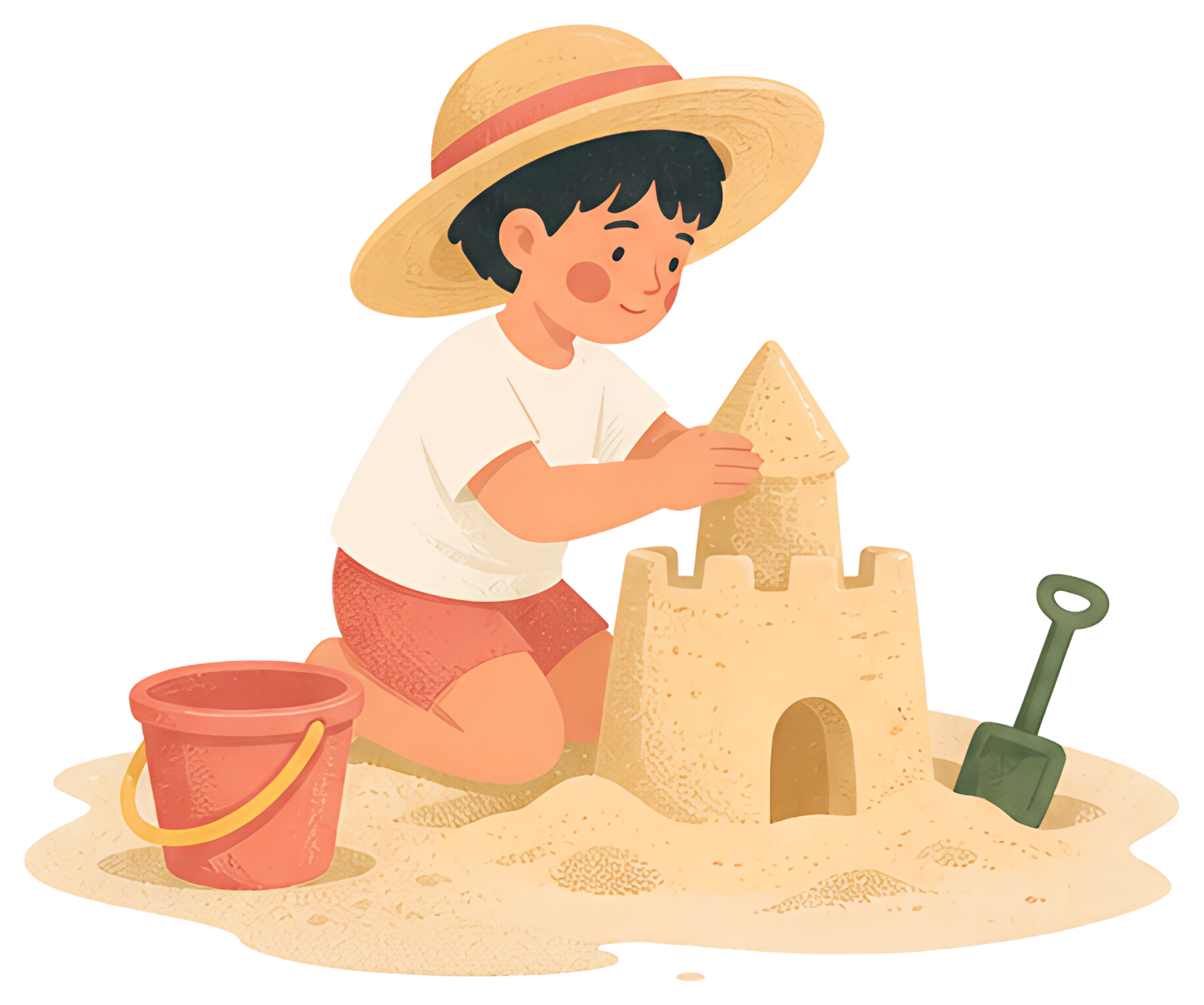 A child in a white shirt and red shorts constructs a sandcastle on a sunny beach, surrounded by a sand pile. A red bucket and a green spade sit nearby, under a blue sky. The scene conveys a playful, a