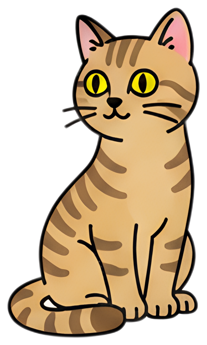 A small, cartoonish tabby cat sits upright with a playful expression, looking to the side. Its fur features typical tabby stripes in shades of light brown, with large yellow eyes that stand out, and a
