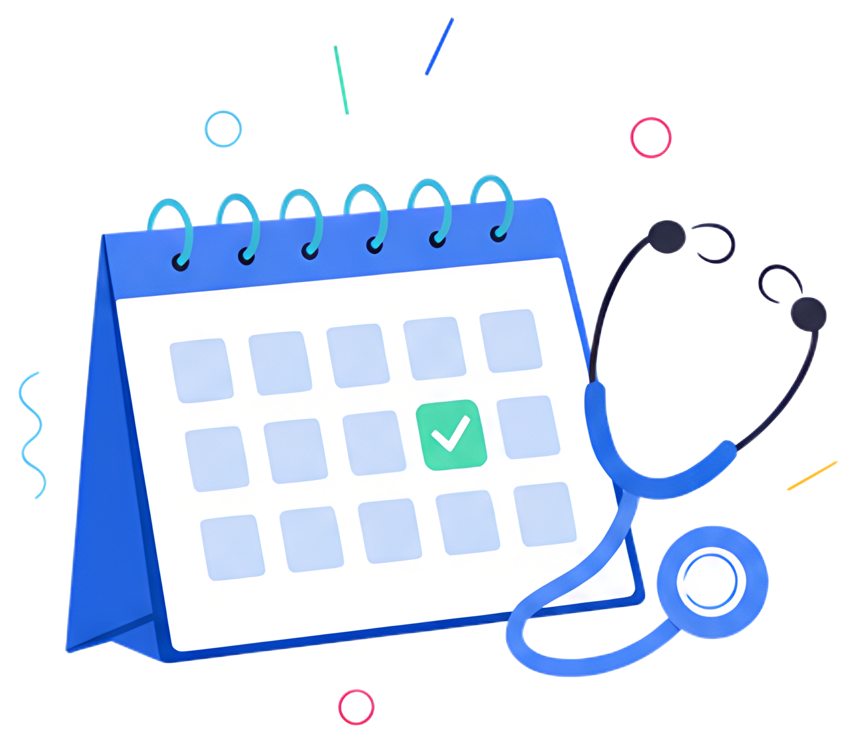 A blue calendar with a white surface, featuring a highlighted date marked with a green checkmark. A blue stethoscope is positioned next to the calendar, creating a connection to a medical theme.