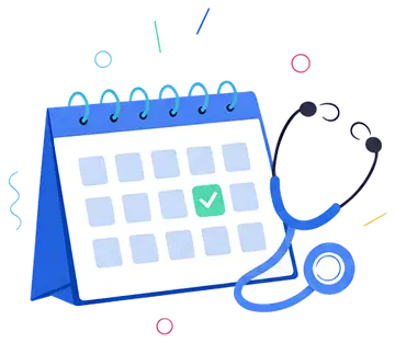 A blue calendar with a white surface, featuring a highlighted date marked with a green checkmark. A blue stethoscope is positioned next to the calendar, creating a connection to a medical theme.