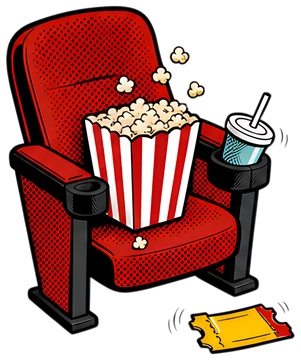 A vibrant red movie theater seat holds a striped popcorn box and a teal drink cup with a straw. A torn yellow ticket lies discarded on the floor, emphasizing the emptiness of the scene.