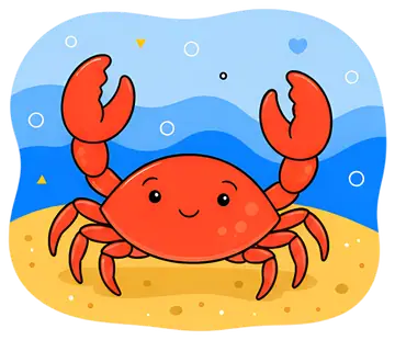 A cheerful red crab with large claws stands on golden sand, grinning at the viewer. The background features blue waves and a bright sky with playful bubbles and shapes, creating a vibrant beach scene.
