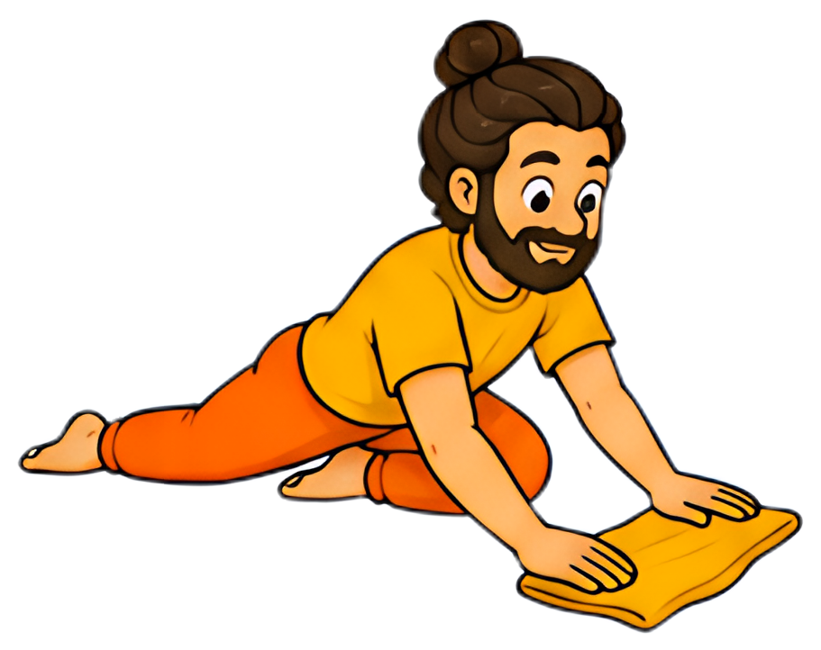 A yoga teacher in a pigeon pose is focused on cleaning the floor with a yellow cloth. The character has a cheerful expression and is dressed in a bright orange outfit with a yellow shirt, showcasing a