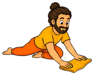 A yoga teacher in a pigeon pose is focused on cleaning the floor with a yellow cloth. The character has a cheerful expression and is dressed in a bright orange outfit with a yellow shirt, showcasing a