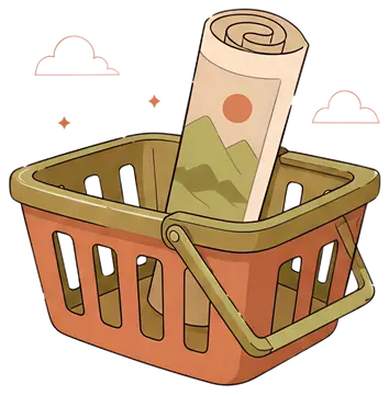 An empty shopping basket features a rolled poster sticking out, displaying a scenic landscape design. The basket is styled in orange and green tones, offering a playful and inviting appearance, set on
