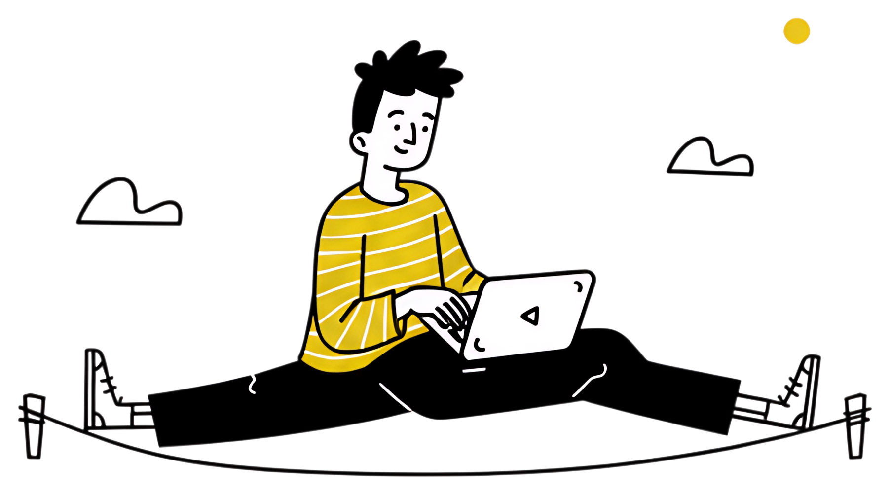 A freelance acrobat sits in a split on a tightrope, typing on a laptop held between their knees. The character is dressed in a striped yellow sweater and black pants, with a minimalist background of a