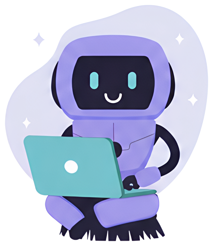 A friendly robot with a purple and black design sits with a laptop on its lap, smiling. The character has a simple style, surrounded by small sparkles against a light background.