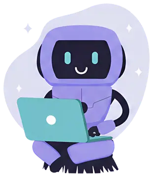 Cheerful robot with laptop on lap