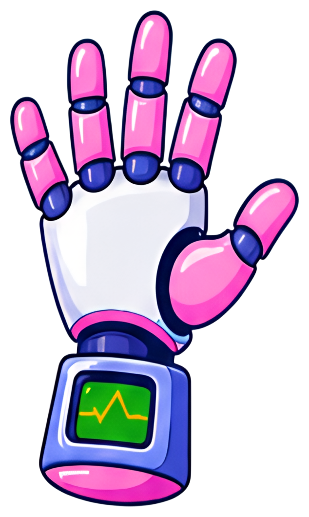 A whimsical robotic hand is shown with an open palm, featuring bright pink fingers and a shiny white base. A glowing green indicator on the wrist displays a waveform, adding a playful touch to the sci