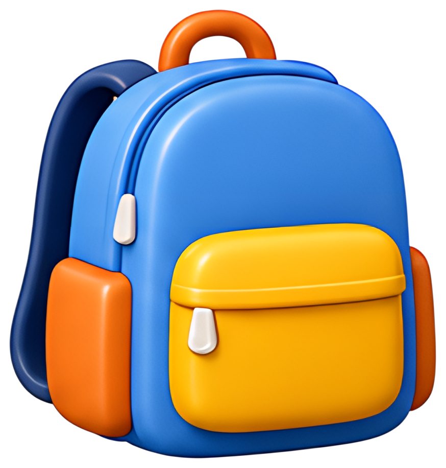 A three-dimensional school backpack features a bright blue body with an orange side pocket and a yellow front pocket. The backpack has rounded edges and a cheerful design, making it appealing for kids