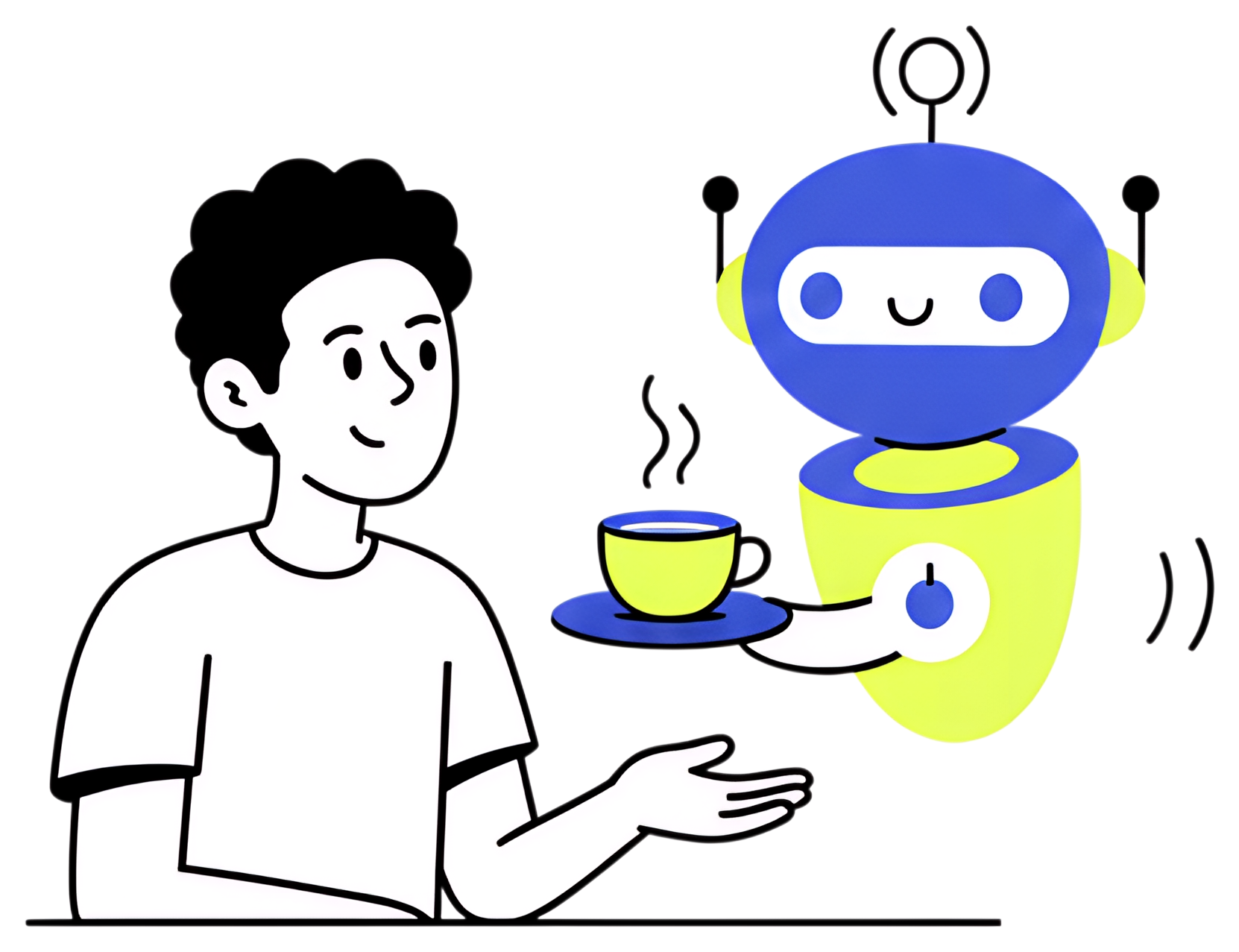A cheerful robot is presenting a cup of tea on a tray to a smiling person. The robot has a bright blue and yellow design, while the tea cup is yellow and the tray is blue, creating a colorful and fun,
